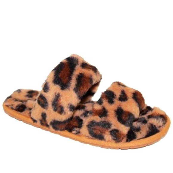 Leopard Print Fuzzy Open Toe Slippers Tan & Brown, Size 8.5, Cozy House Shoes - Picture 1 of 3